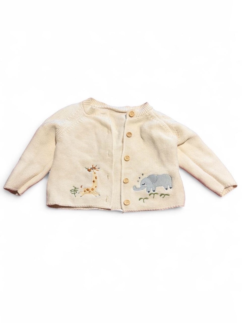 Cream Baby Cardigan with Giraffe & Elephant Embroidery